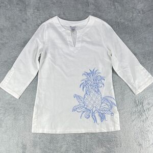 Tommy Bahama Top Women's 2XS White 100% Linen Embroidered Pineapple Pullover